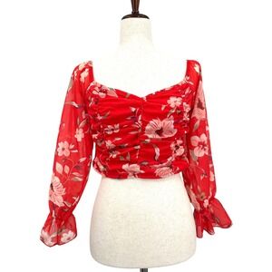 Parisian Sweetheart Crop Top Ruched Shirred Red Floral Long Sheer Sleeves Size 8